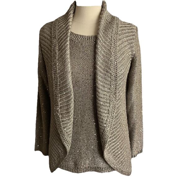 Womens Chicos Special Occasion Cardigan Sweater Tank Top Sequins Taupe Sz 1 - Picture 1 of 16